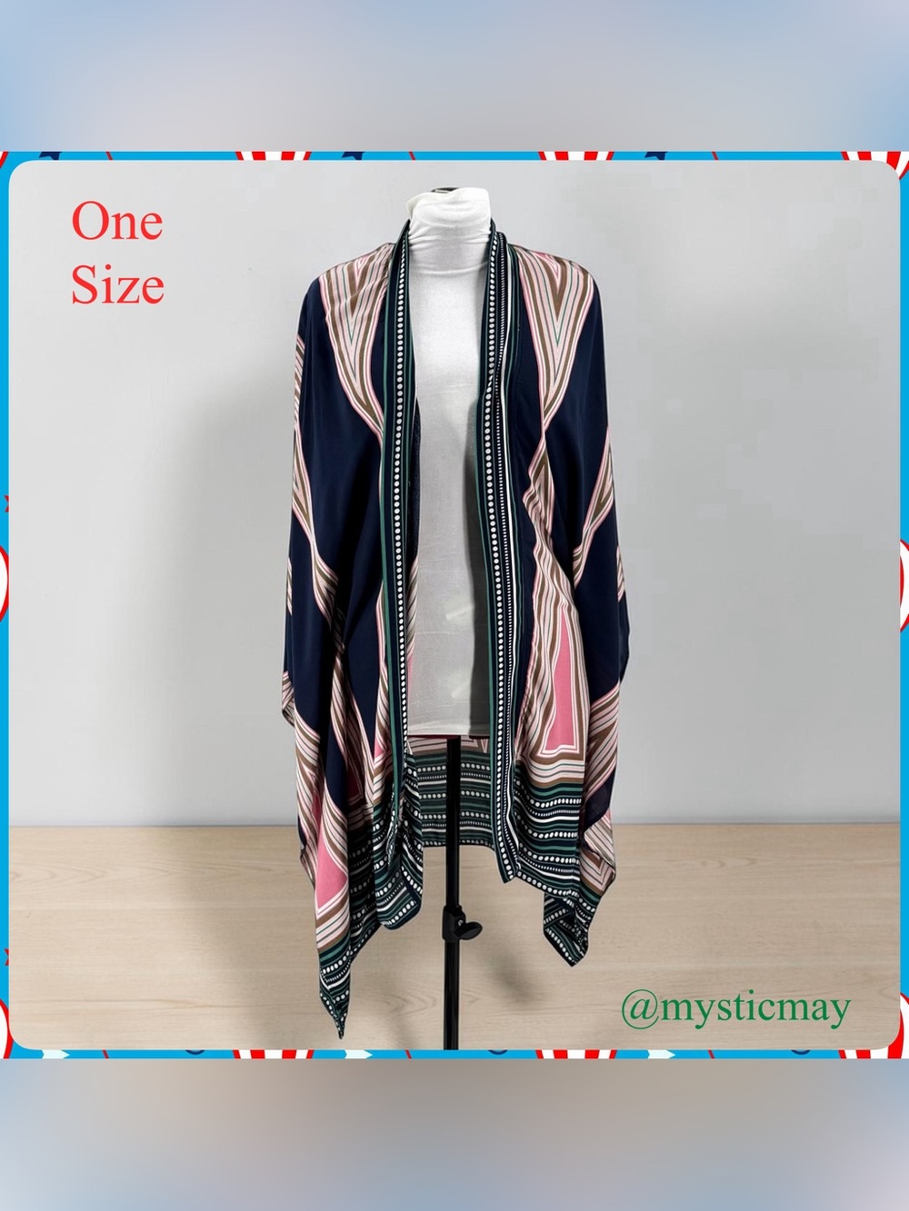 NAVY BLUE w PINK STRIPE Geometric Print OPEN FRONT KIMONO Top Coverup ONE SIZE
